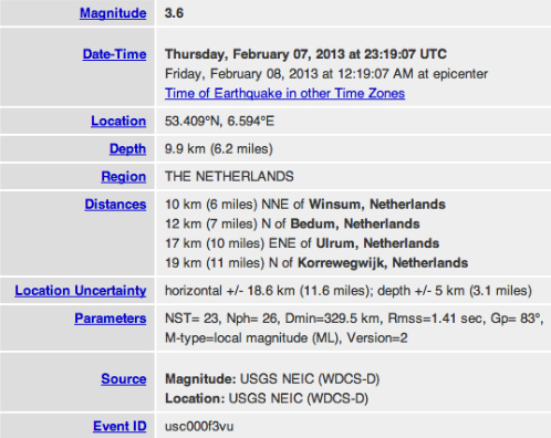 Aardbeving van 3.6 volgens de USGS